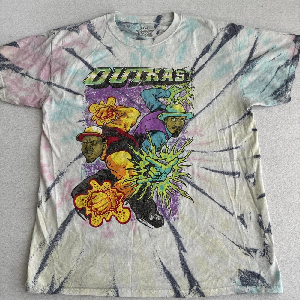 Outkast Tie Dye Superheroes Graphic T-Shirt Mens Large White Hip Hop Big Boi